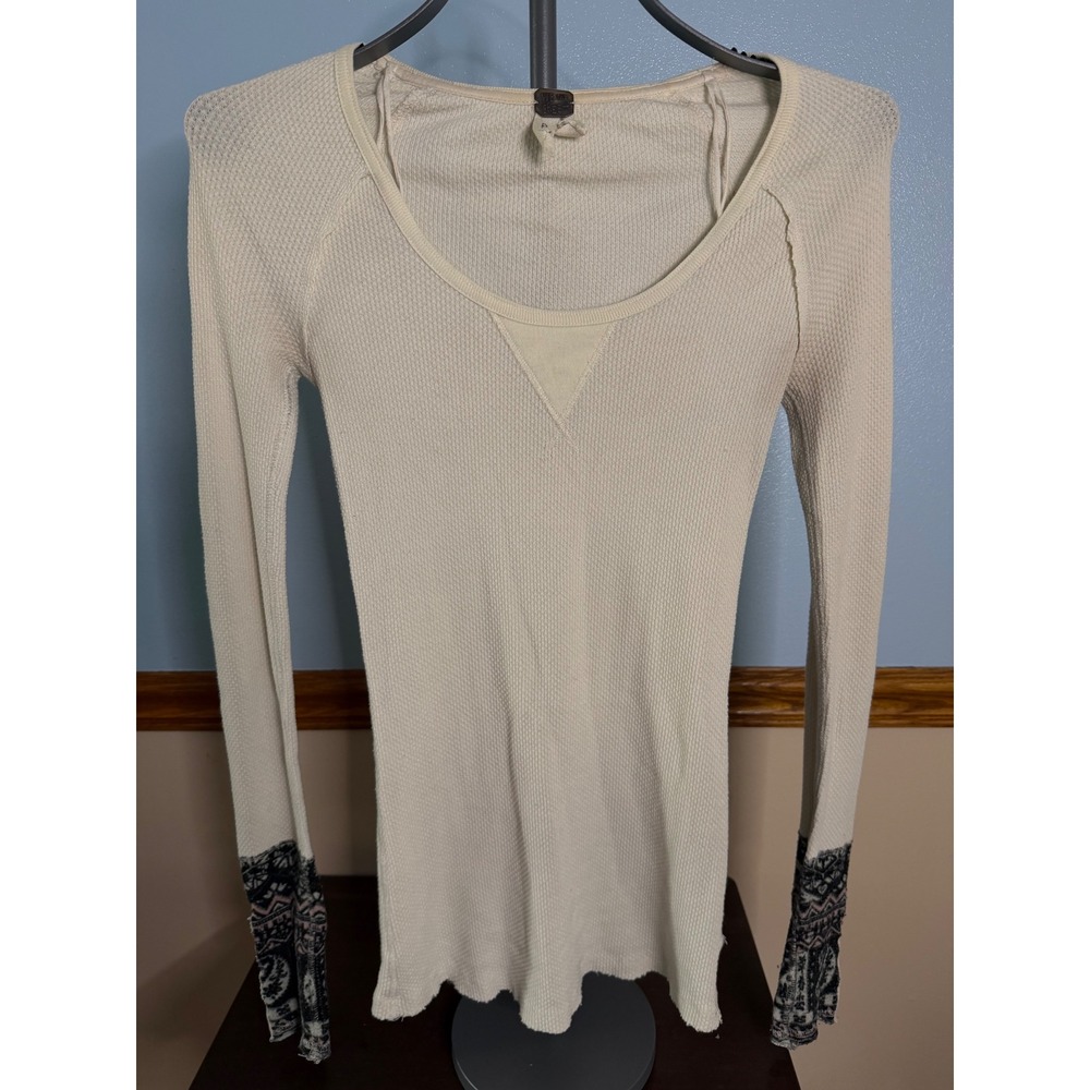 Free People We The Free Cream Waffle Knit Thermal Top Mixed Media Cuffs Small
